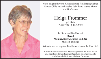 Traueranzeige von Helga Frommer von Echo-Zeitungen (Gesamtausgabe)