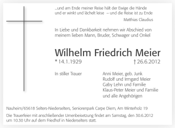 Traueranzeige von Wilhelm Friedrich Meier von Rüsselsheimer Echo, Groß-Gerauer-Echo, Ried Echo