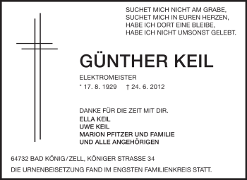 Traueranzeige von Günther Keil von Odenwälder Echo