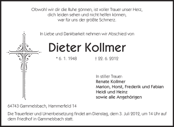 Traueranzeige von Dieter Kollmer von Odenwälder Echo