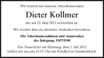 Traueranzeige von Dieter Kollmer von Odenwälder Echo