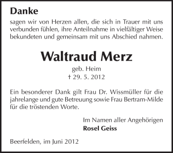 Traueranzeige von Waltraud Merz von Odenwälder Echo