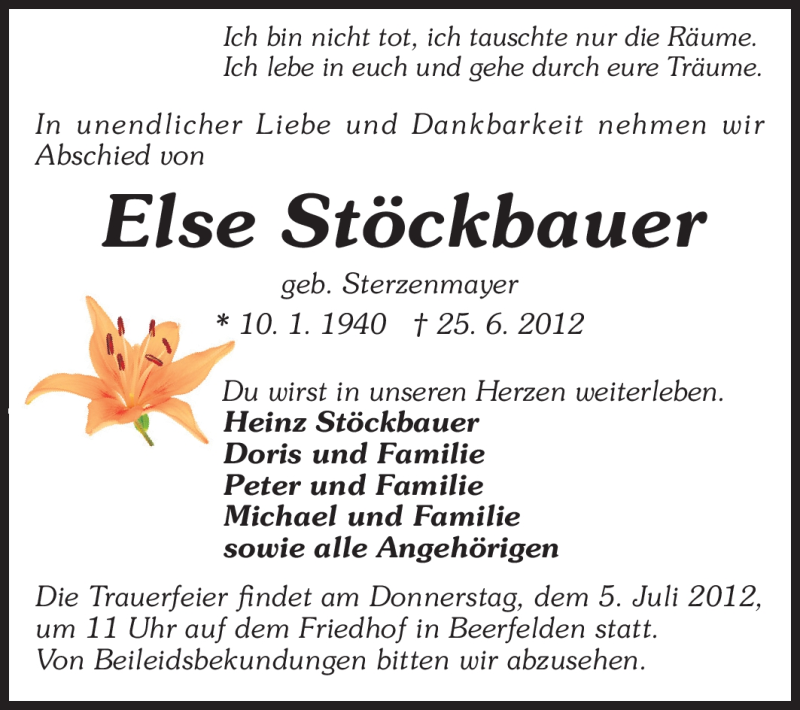  Traueranzeige für Else Stöckbauer vom 02.07.2012 aus Odenwälder Echo