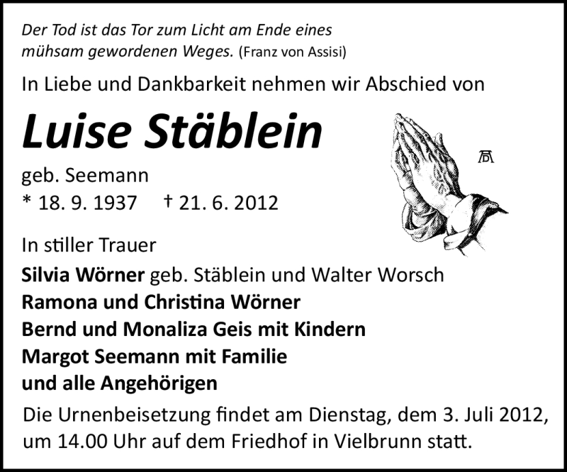  Traueranzeige für Luise Stäblein vom 29.06.2012 aus Odenwälder Echo