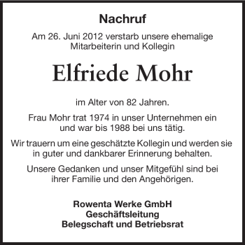 Traueranzeige von Elfriede Mohr von Odenwälder Echo