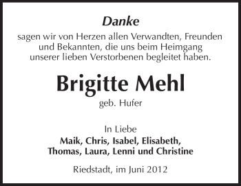 Traueranzeige von Brigitte Mehl von Rüsselsheimer Echo, Groß-Gerauer-Echo, Ried Echo