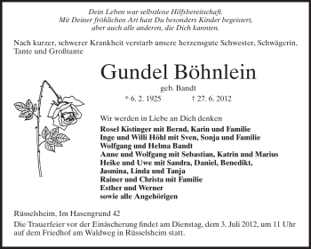 Traueranzeige von Gundel Böhnlein von Rüsselsheimer Echo, Groß-Gerauer-Echo, Ried Echo