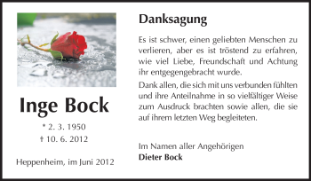 Traueranzeige von Inge Bock von Starkenburger Echo