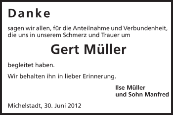 Traueranzeige von Gert Müller von Echo-Zeitungen (Gesamtausgabe)