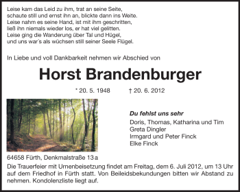 Traueranzeige von Horst Brandenburger von Starkenburger Echo