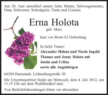 Traueranzeige von Erna Holota von Echo-Zeitungen (Gesamtausgabe)