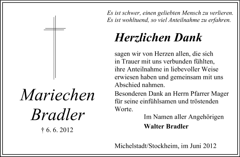  Traueranzeige für Mariechen Bradler vom 30.06.2012 aus Odenwälder Echo