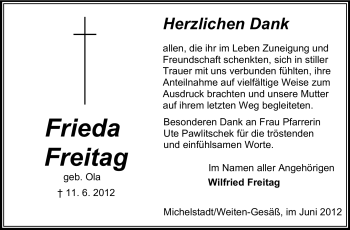 Traueranzeige von Frieda Freitag von Odenwälder Echo