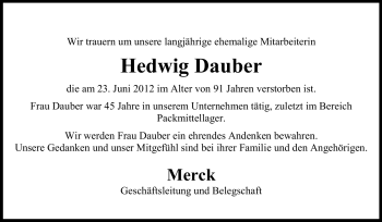 Traueranzeige von Hedwig Dauber von Echo-Zeitungen (Gesamtausgabe)