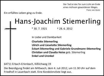 Traueranzeige von Hans-Joachim Stiemerling von Odenwälder Echo