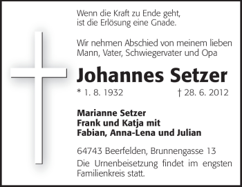 Traueranzeige von Johannes Setzer von Odenwälder Echo