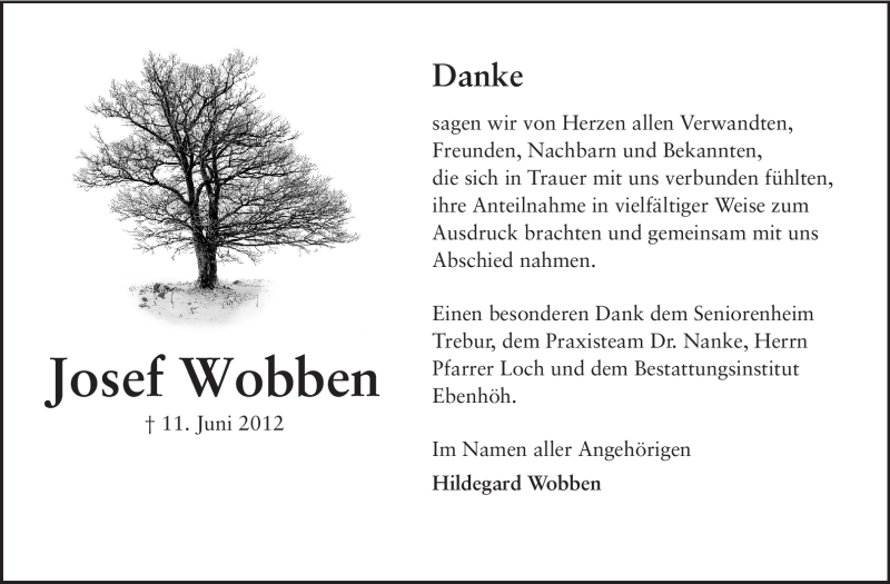  Traueranzeige für Josef Wobben  vom 02.07.2012 aus Rüsselsheimer Echo, Groß-Gerauer-Echo, Ried Echo