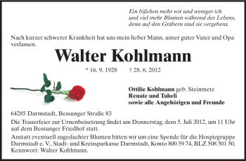 Traueranzeige von Walter Kohlmann von Echo-Zeitungen (Gesamtausgabe)