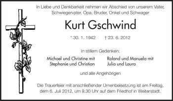 Traueranzeige von Kurt Gschwind von Echo-Zeitungen (Gesamtausgabe)