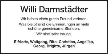 Traueranzeige von Willi Darmstädter von Rüsselsheimer Echo, Groß-Gerauer-Echo, Ried Echo
