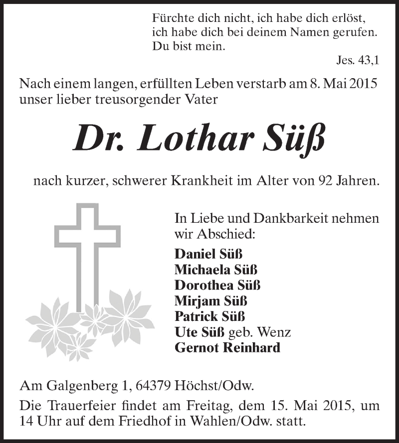  Traueranzeige für Lothar Süß vom 15.05.2015 aus Echo-Zeitungen (Gesamtausgabe)