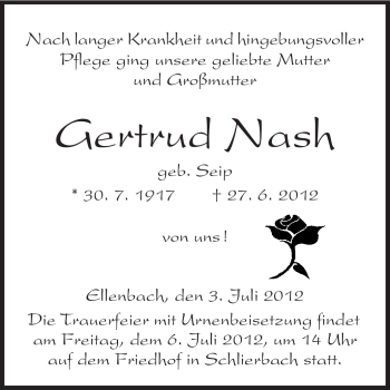 Traueranzeige von Gertrud Nash von Starkenburger Echo