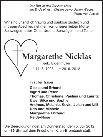 Traueranzeige von Margarethe Nicklas von Odenwälder Echo