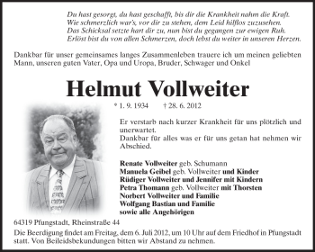 Traueranzeige von Helmut Vollweiter von Echo-Zeitungen (Gesamtausgabe)