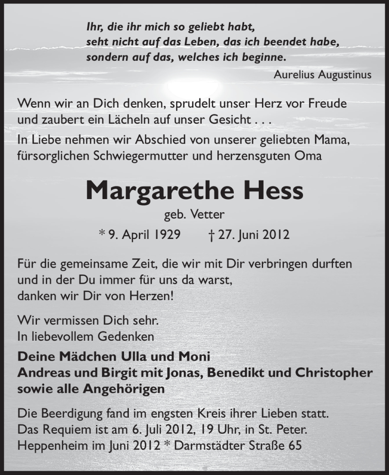 Traueranzeige für Margarethe Hess vom 04.07.2012 aus Starkenburger Echo