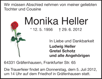 Traueranzeige von Monika Heller von Echo-Zeitungen (Gesamtausgabe)