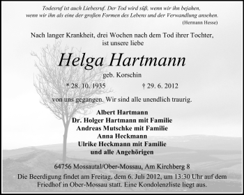 Traueranzeige von Helga Hartmann von Odenwälder Echo