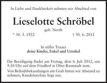 Traueranzeige von Lieselotte Schröbel von Darmstädter Echo, Odenwälder Echo, Rüsselsheimer Echo, Groß-Gerauer-Echo, Ried Echo