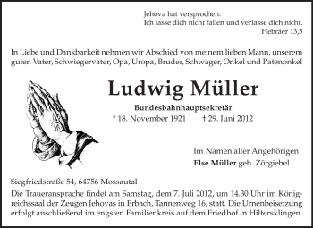 Traueranzeige von Ludwig Müller von Odenwälder Echo