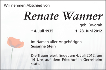 Traueranzeige von Renate Wanner von Rüsselsheimer Echo, Groß-Gerauer-Echo, Ried Echo