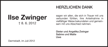 Traueranzeige von Zwinger Ilse  von Darmstädter Echo, Odenwälder Echo, Rüsselsheimer Echo, Groß-Gerauer-Echo, Ried Echo