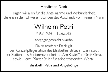 Traueranzeige von Wilhelm Petri von Echo-Zeitungen (Gesamtausgabe)