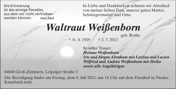 Traueranzeige von Waltraut Weißenborn von Echo-Zeitungen (Gesamtausgabe)