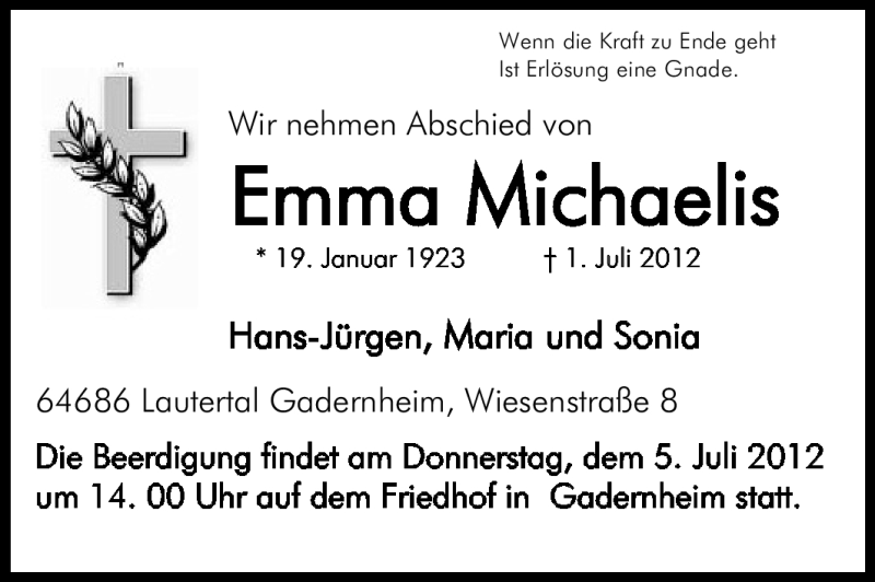  Traueranzeige für Emma Michaelis vom 04.07.2012 aus Starkenburger Echo