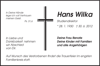 Traueranzeige von Hans Wilka von Rüsselsheimer Echo, Groß-Gerauer-Echo, Ried Echo