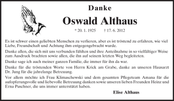 Traueranzeige von Oswald Althaus von Echo-Zeitungen (Gesamtausgabe)