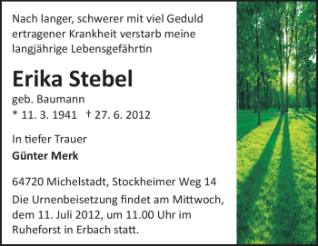 Traueranzeige von Erika Stebel von Odenwälder Echo