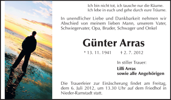 Traueranzeige von Günter Arras von Echo-Zeitungen (Gesamtausgabe)