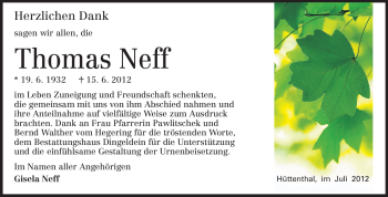 Traueranzeige von Thomas Neff von Odenwälder Echo