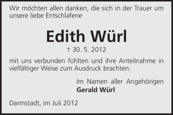 Traueranzeige von Edith Würl von Darmstädter Echo, Odenwälder Echo, Rüsselsheimer Echo, Groß-Gerauer-Echo, Ried Echo