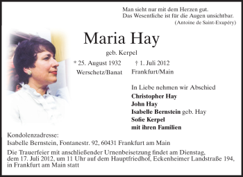 Traueranzeige von Maria Hay von Odenwälder Echo