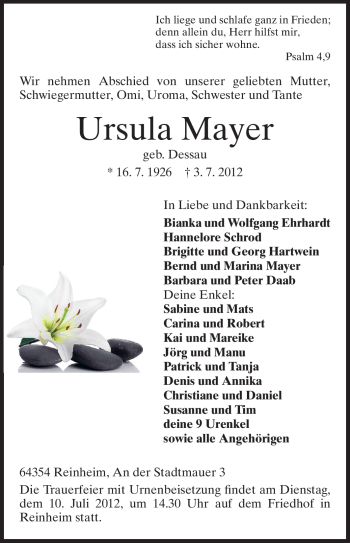 Traueranzeige von Ursula Mayer von Echo-Zeitungen (Gesamtausgabe)