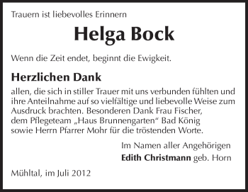 Traueranzeige von Helga Bock von Echo-Zeitungen (Gesamtausgabe)