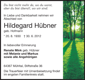 Traueranzeige von Hildegard Hübner von Echo-Zeitungen (Gesamtausgabe)
