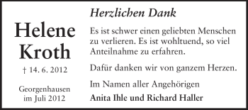 Traueranzeige von Helene Kroth von Echo-Zeitungen (Gesamtausgabe)