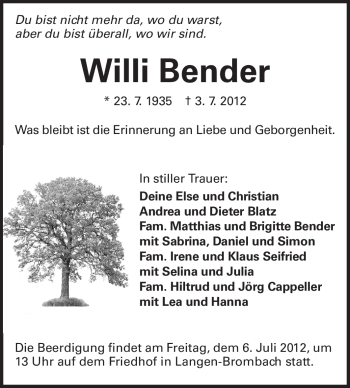 Traueranzeige von Willi Bender von Odenwälder Echo